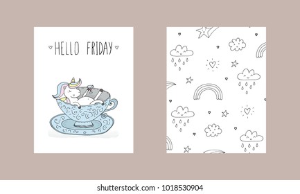 Cute hand drawn card with Cute unicorn print for kids. Printable templates.