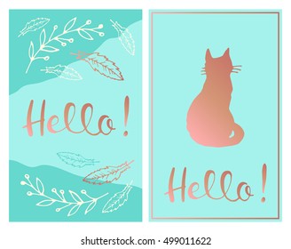 Cute hand drawn cards hello with cat, feathers and plants rose gold elements on mint background