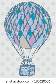 cute hand drawn cartoon air balloon on polka dots background