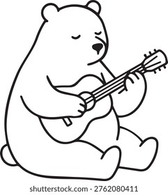 A cute hand drawn cartoon bear sitting down peacefully while playing a small acoustic guitar song