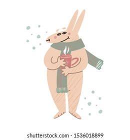 Cute hand drawn cartoon bunny character wearing knitted scarf. Mammal holding cup of tea. Vector illustration for your own design.