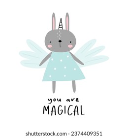 cute hand drawn cartoon bunny character with fairy wings and unicorn horn, blue nursery wall art print
