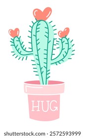 Cute hand drawn cartoon cactus hug vector illustration. Design of a greeting card for Valentine's Day. Perfect for, banner, card, postcard, cover. Editable stroke.