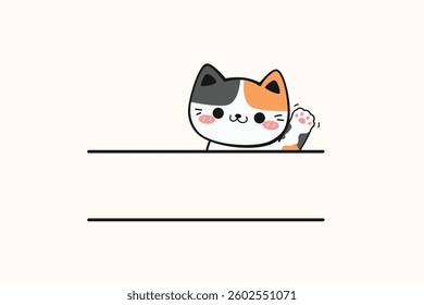 Cute Hand Drawn Cartoon Calico Cat Waving Hello Name Frame