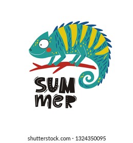 Cute hand drawn Cartoon chameleon. Summer vector print with cartoon chameleon. Doodle style design elements. 