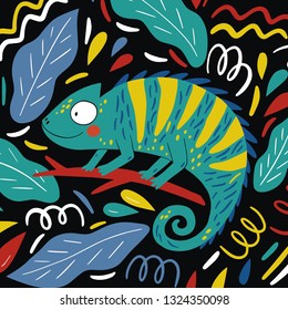 Cute hand drawn Cartoon chameleon. Summer vector print with cartoon chameleon. Doodle style design elements. 