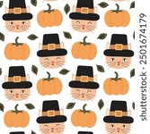  cute hand drawn cartoon character pilgrim cat with pumpkins and leaves thanksgiving holiday seamless vector pattern background illustration