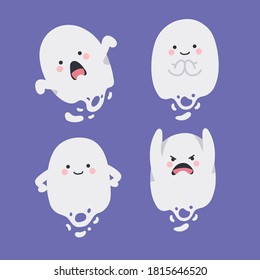 Fantasma divertida del personaje de caricatura dibujado a mano. Es bueno para usar para Fantasía o Contenido de Halloween. Adecuado para niños libro, mascota, personaje, tarjetas, adhesivo, camiseta. Ilustración de diseño plano.