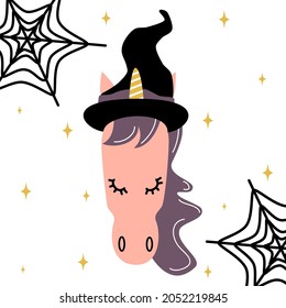 cute hand drawn cartoon character unicorn witch halloween vector illustration