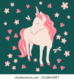 Cute hand drawn cartoon character unicorn with pink flowers and dragonflies vector illustration