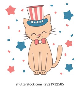 Cute hand drawn cartoon character american cat vector illustration for 4th of july independence day holiday