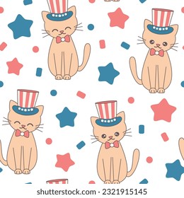 Cute hand drawn cartoon character american cat seamless vector pattern background illustration for 4th of july independence day holiday