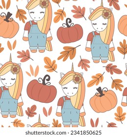 cute hand drawn cartoon character unicorn with pumpkins and fall leaves autumn seamless vector pattern background illustration