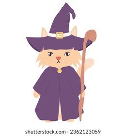 cute hand drawn cartoon character wizard cat halloween vector illustration isolated on white background 