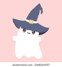 cute hand drawn cartoon character ghost with wizard hat funny halloween vector illustration isolated on pink background
