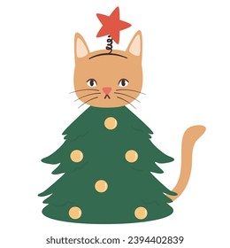 Cute hand drawn cartoon character christmas tree cat funny vector holiday illustration isolated on white background for greeting card