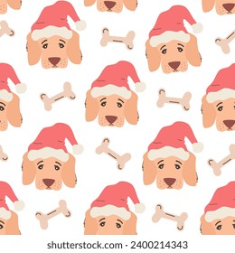 Cute hand drawn cartoon character dog face with santa claus hat seamless vector pattern background illustration with bones 