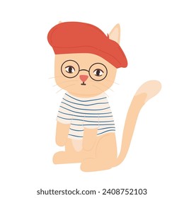 cute hand drawn cartoon character french parisian cat vector illustration isolated on white background