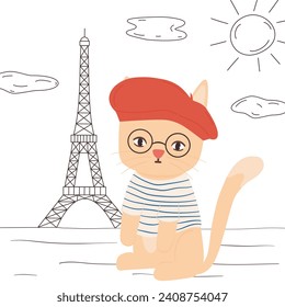 cute hand drawn cartoon character french parisian cat vector illustration with eiffel tower on background