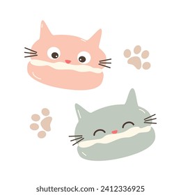 Cute hand drawn cartoon character cat macarons and paw print funny vector illustration isolated on white background