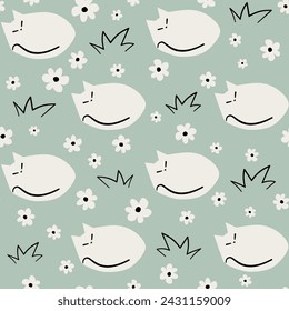 cute hand drawn cartoon character sleeping cat in the meadow seamless vector pattern illustration with daisy flowers and grass on pastel blue background