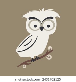cute hand drawn cartoon character owl on branch funny vector illustration on green background