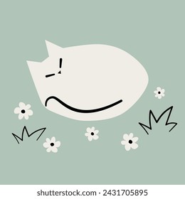 cute hand drawn cartoon character sleeping cat in the meadow vector illustration with daisy flowers and grass on pastel blue background	