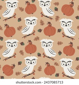 cute hand drawn cartoon character owl seamless vector pattern background illustration with pumpkins and leaves