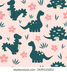 cute hand drawn cartoon character dinosaurs seamless vector pattern background illustration with pink daisy flowers and green grass 