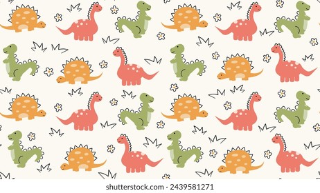 cute hand drawn cartoon character dinosaurs seamless vector pattern background illustration with daisy flowers and grass 