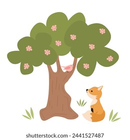 cute hand drawn cartoon character fox and pink bird on tree funny vector illustration isolated on white background