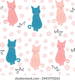 cute hand drawn cartoon character pink and blue cat and daisy flowers seamless vector pattern background illustration