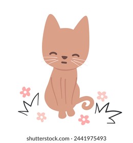 cute hand drawn cartoon character smiling cat in the meadow vector illustration with pink daisy flowers and grass isolated on white background	