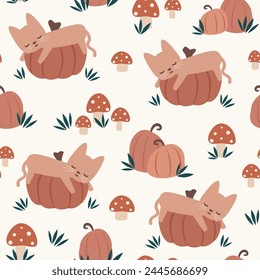 cute hand drawn cartoon character brown cat sleeping on pumpkin funny seamless vector pattern background illustration with mushroom