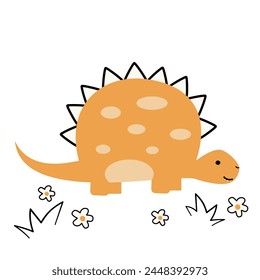 cute hand drawn cartoon character yellow dinosaur funny vector illustration with daisy flowers isolated on white background