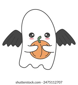 lindo dibujado a mano personaje de dibujos animados fantasma con alas de murciélago y calabaza divertido Vector ilustración de halloween aislado sobre fondo blanco