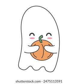 cute hand drawn cartoon character ghost with pumpkin funny vector halloween illustration isolated on white background