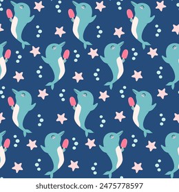 cute hand drawn cartoon character blue dolphin with pink ice cream seamless vector pattern illustration background with starfish