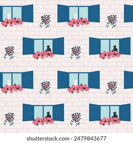 cute hand drawn cartoon character black cat and white cat at blue windows with bougainvillea flowers summertime seamless vector pattern background illustration