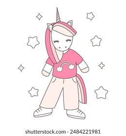 cute hand drawn cartoon character unicorn in pink tshirt with rainbow funny vector illustration