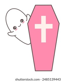 cute hand drawn cartoon character ghost and pink coffin halloween vector background funny illustration for halloween