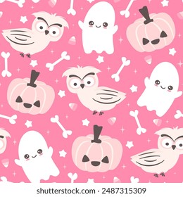 cute hand drawn cartoon character owl seamless vector pattern background illustration with halloween pumpkins, ghost, bones, stars and candy corns