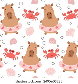 cute hand drawn cartoon character capybara with rubber ring funny summer seamless vector pattern background illustration with red crabs, pink seashell and bubbles