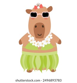 cute hand drawn cartoon character hawaiian capybara with sunglasses funny summer vector illustration isolated on white background	