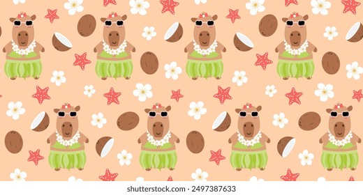 cute hand drawn cartoon character hawaiian capybara with sunglasses funny summer seamless vector pattern background illustration hibiscus flowers, starfishes and coconuts