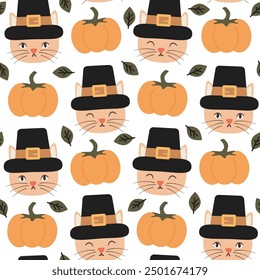  cute hand drawn cartoon character pilgrim cat with pumpkins and leaves thanksgiving holiday seamless vector pattern background illustration