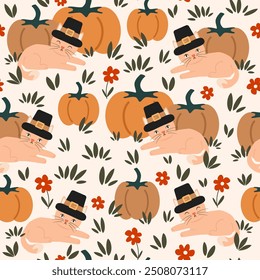 cute hand drawn cartoon character pilgrim cat with pumpkins, red flowers and leaves funny thanksgiving holiday seamless vector pattern background illustration for autumn season