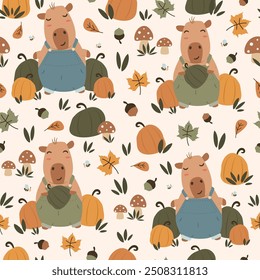 Cute hand drawn cartoon character capybara with pumpkins, mushroom, acorn and leaves funny thanksgiving seamless vector pattern background illustration for fall season holidays