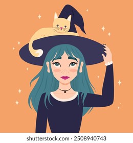 Cute hand drawn cartoon character witch girl with cat funny halloween vector illustration for fall season holiday on orange background with stars