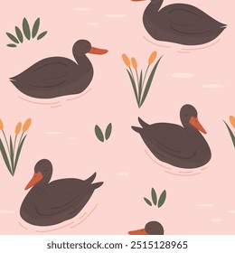 cute hand drawn cartoon character brown duck swimming in romantic pink lake seamless vector pattern background illustration